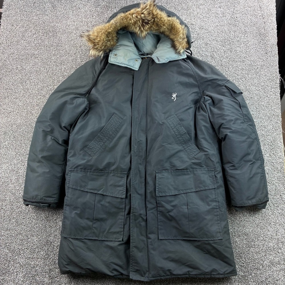 Vintage Browning Parka Jacket Mens M Gray Cotton Nylon Goose Down Coyote Fur